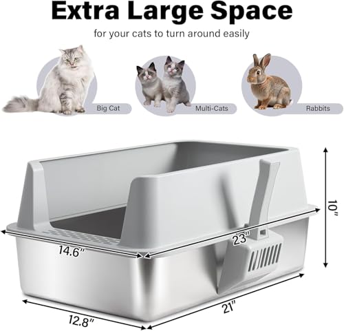 XL Stainless Steel Litter Box with Lid, Extra Large Cat Litter Box | Metal Cat Litter Box for Big Cats with High Sides, Anti-Urine Leakage,Easy Cleaning, Non-Stick, Include Scoop and Mat - size: XL