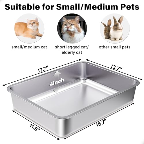Stainless Steel Litter Box, Metal Litter Boxes 17.7" x 13.7" x 4",Small Litter Box for Kittens,Easy Entry Easy Clean Non Stick No Smell for Senior Cats or Short Legged Cat/Bunny - size: 1 pack-Small-Medium(17.7"x13.7"x4")