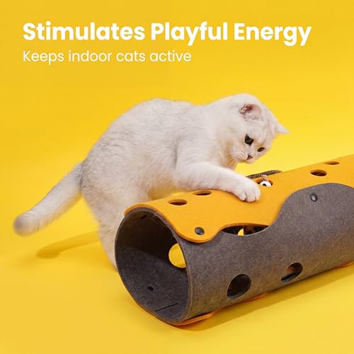 ZEZE Cheese Cat Tunnel for Indoor Cats, Felt Peek Hole Hide Tunnel Toy with Snap Buttons, Foldable Interactive Cat Play Mat for Hide & Seek and Indoor Enrichment