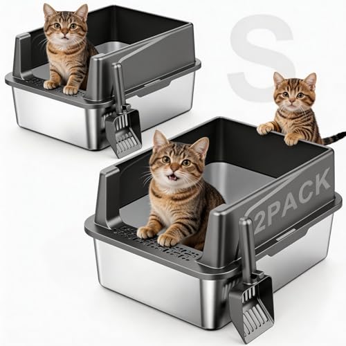 FURTIME 2 Pack Stainless Steel Cat Litter Box with Lid, Metal Kitty Litter Box for Small Cats, Kitten Litter Boxs with Non-Sticky, Anti-Leakage, Easy to Clean, 17"x13"x8.4" (Small) - color: Grey