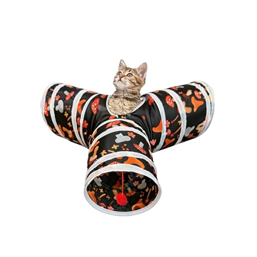 3 Way Cat Tunnel Collapsible Fun Pet Play Tube Toys for Cats, Kittens, Puppies & Rabbits - Portable Tunnel with Hanging Ball for Indoor Play, Hideout & Exercise - color: Mushroom