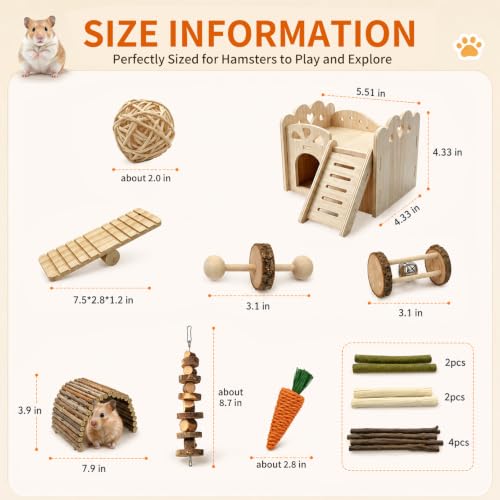 Hamster Cage Accessories Set with Silent Exercise Running Wheels and Natural Chew Toys, Wooden Hamster Toys and Habitat Decor for Syrian Hamsters, Gerbils, and Mice