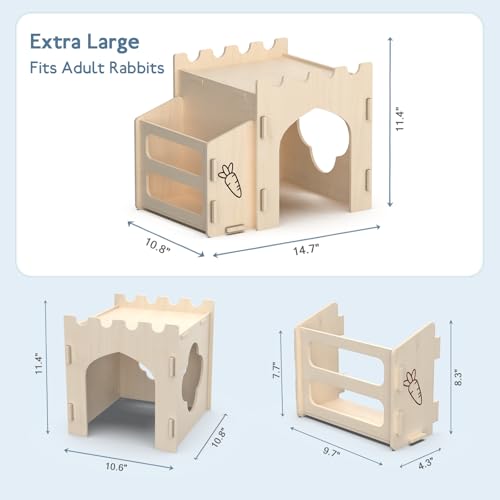Wooden Rabbit House with Hay Feeder and Rooftop Platform | Compact indoor bunny hideout, enclosed lower room, open bottom, side hay rack and flat roof for rabbit enclosures - size: Small