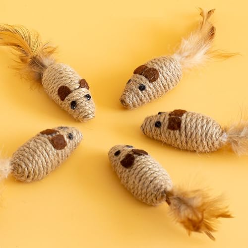 3 Pack Cat Mouse Toys with Feather Tail Rattling Noise Sound Natural Sisal Cat Toys Teeth Cleaning Dental Chew Toys Interactive Cat Mice Toy Mice Cat Toys for Indoor Cats Kittens Puppies
