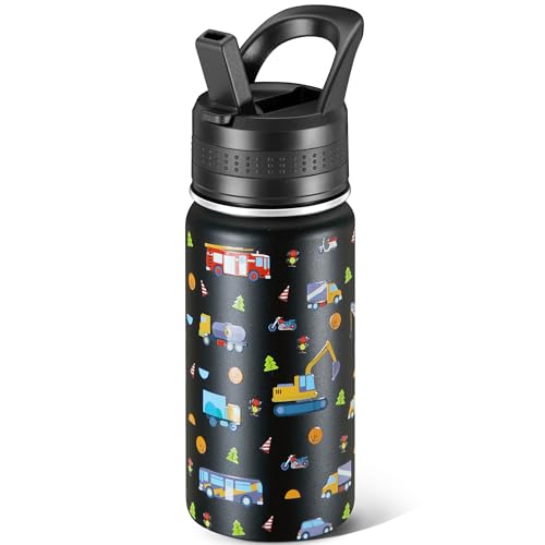 14 Oz Kids Water Bottle, Stainless Steel Water Bottle with Straws, Leak-Proof, BPA-Free, Insulated Water Bottles for School Boys & Girls|Black Car - color: Black cartoon car