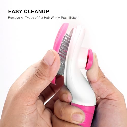 Aogeili Self Cleaning Slicker Brush, Skin Friendly Deshedding Grooming Tool for Dogs, Cats & Bunny, One-Click Release Removes Loose Undercoat, Mats & Tangles, for Long & Short Hair Shedding Pets - color: Pink