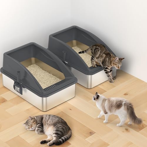 2 Pack Stainless Steel Litter Box | XL Enclosed Cat Litter Boxes with Lid for Big Cats and Multi-Cats | High Sided, Anti-Urine Leakage | Non-Stick Bottom（Dark Gray） - color: Dark Gray, size: X-Large