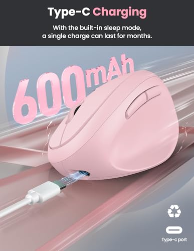 TECKNET Ergonomic Mouse, Bluetooth Wireless Vertical Mouse, Rechargeable Battery, Quiet Clicks, 4800 DPI Adjustable, BT5.0/3.0 & 2.4G Connect, Easy to use, Wide Compatibility - Pink - color: Pink