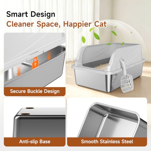 Stainless Steel Litter Box XL | Prevents Urine Leakage Includes Scoop Durable & Sturdy Odor-Resistant - color: Grey XL