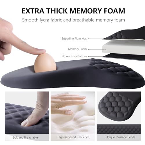 Ergonomic Mouse Pad Wrist Support, 2 in 1 Keyboard Wrist Rest Set | Memory Foam, 15° Ergonomic Slope, Massage Bead Design, Non-Slip PU Base, Lycra Fabric, for Office & Gaming,Black - color: Black