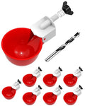 Chicken Waterer Cups (8 Pack) with 3/8" Drill Bit - Red | Automatic Poultry Drinker Feeder Kit for Chickens, Ducks, Turkeys, Quail, Bunnies | DIY Gravity Fed Bucket Water Dispenser - color: Red, size: 8 Pack + Drill bit