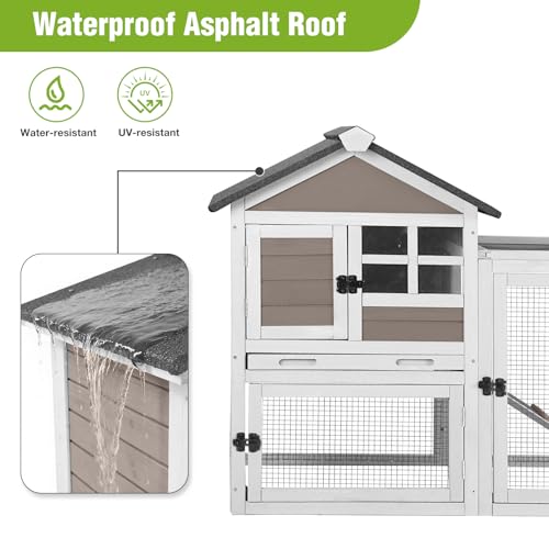 Outdoor Rabbit Hutch with Run, 2-Tier Fir Wood Bunny Cage, Waterproof Roof, Pull-Out Tray, Secure Latches, 51.6 x 20.8 x 36.2 in, Brown - color: Brown, size: 51.6"L x 20.8"W x 36.2"H