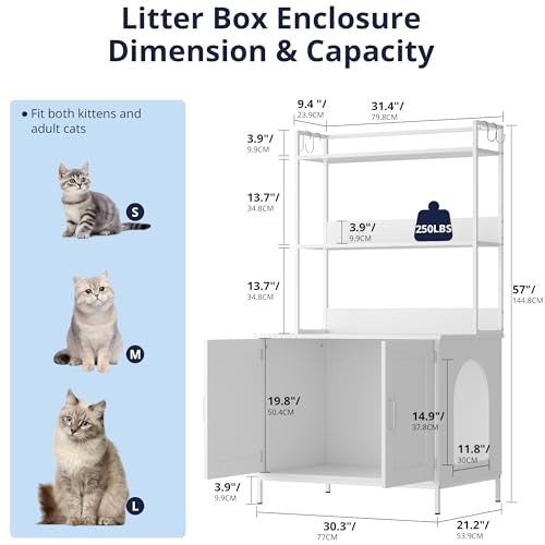 Cozy Castle Cat Litter Box Enclosure with Storage, 57'' Hidden Cat House Furniture, Wooden Cat Cabinet with Shelves & 4 S-Hooks, Indoor Cat Litter Box Organizer, White - color: White