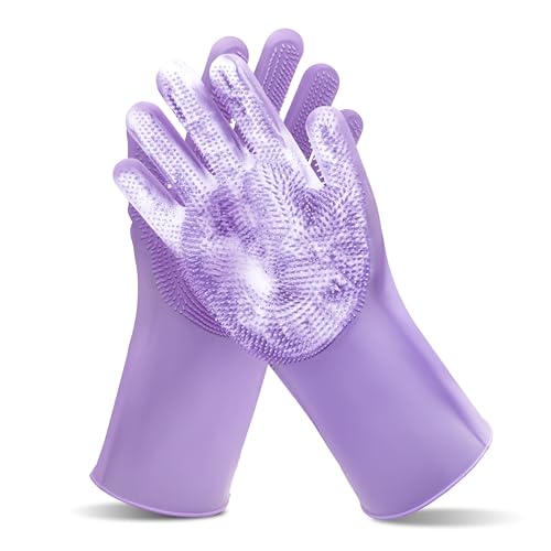 Pet Grooming Gloves—Dog Washing Gloves with High-Density Teeth | Dog Bath Scrubber with Enhanced Five Finger Design, Silicone Gloves for Dogs and Cats Bathing, Massage (Purple) - color: Purple