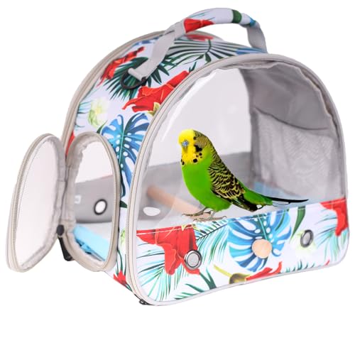 Portable Small Bird Travel Carrier Cage with Stand Perch, Bird Carrier to Carry Parakeet Budgies Parrot Cockatiel Conure Outdoor, Front Clear Window with Floral Printing - color: Multi-Colored
