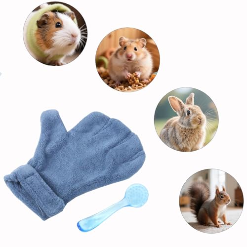 1Pcs Bite-resistant Gloves Adjustable Hamster Bite Proof Glove and Grooming Brush Set Soft Cleansing Brush Massage Combs, Guinea Pig Brush, Hamster Care Set for Hamsters, Ferrets, Hedgehog (Blue)