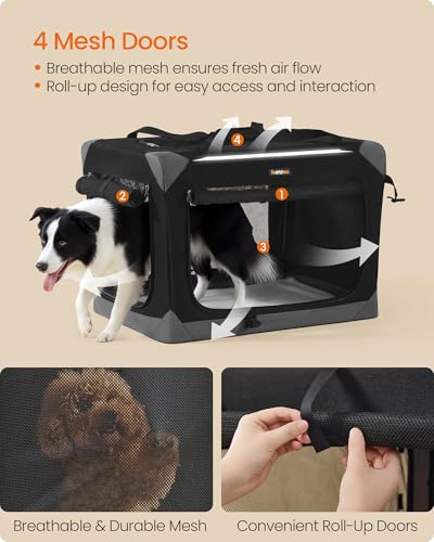 Feandrea Collapsible Dog Crate, Portable Oxford Fabric Pet Travel Crate with 4 Mesh Doors, Handles, Pocket, 30 Inches, for Medium Dogs, Ink Black and Dove Gray UPDC027BH01 - size: L (30"L x 21"W x 21"H)