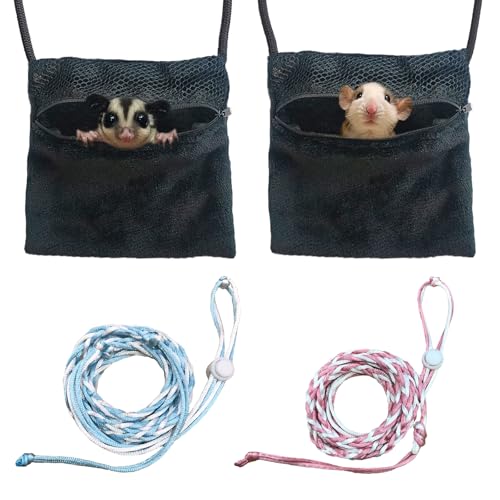 2 Pics Sugar Glider Pouch and 2 Pics Hamster Leash Small Animal Carry Pouch with Adjustable – Cozy & Portable Habitat for Small Pets (Hamsters, Rat, Squirrels)