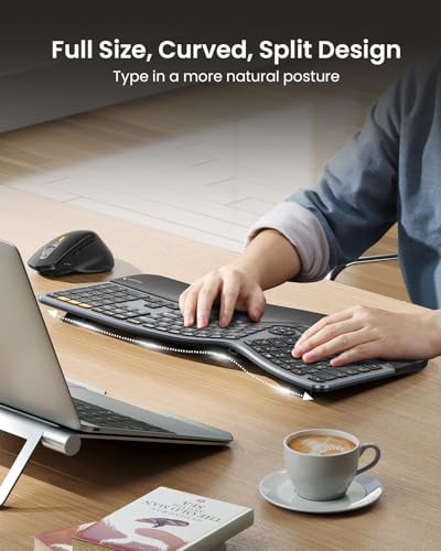 ProtoArc EKM01 Plus Wireless Ergonomic Keyboard Mouse Combo - Gray Black | Full-size Split Keyboard with Cushioned Wrist Rest, Ergonomic Mouse, 3-Device Bluetooth/2.4G, USB-C Rechargeable - color: Gray and Black