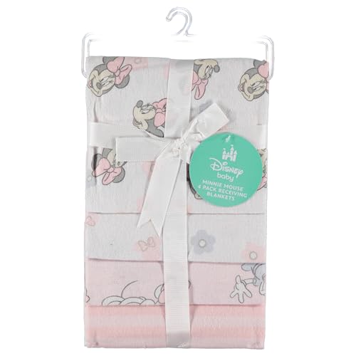 Disney Baby 4-Pack Receiving Blankets — 100% Cotton Flannel, 28" x 28" — Available in Mickey, Minnie, Pooh, Stitch or Angel — Soft Swaddle, Burp & Stroller Blankets — Gift-Ready with Ribbon Bow - color: Minnie Mouse Simply Cute