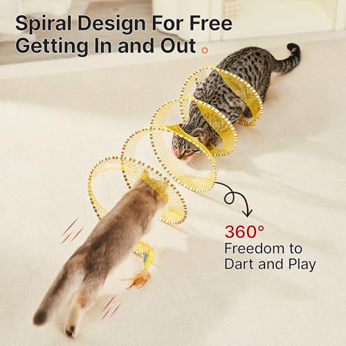 Potaroma Spiral Tunnel Cat Toy, Self Play Collapsible Spring Kitten Tunnel | For Indoor Cats, with Feather and Bell, 20 Inches Unfolded