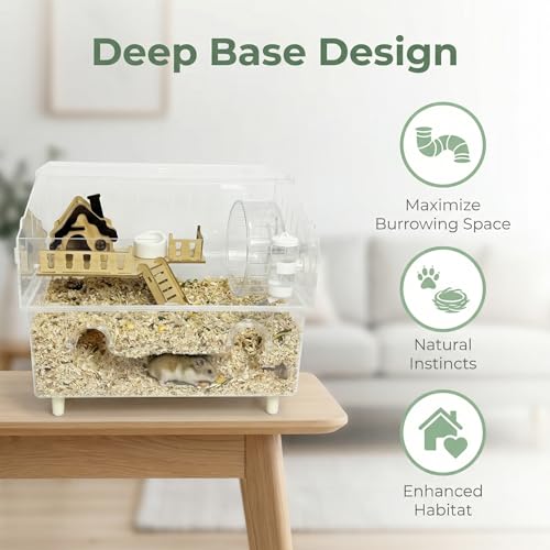 Clear Acrylic Hamster Cage 8 in 1 Kit, Transparent Habitat Top Ventilation & Easy Clean, Rounded Edges Enclosure for Desk/Living Room, Dwarf Hamster Cage,Gerbil, Mice & Small Animals