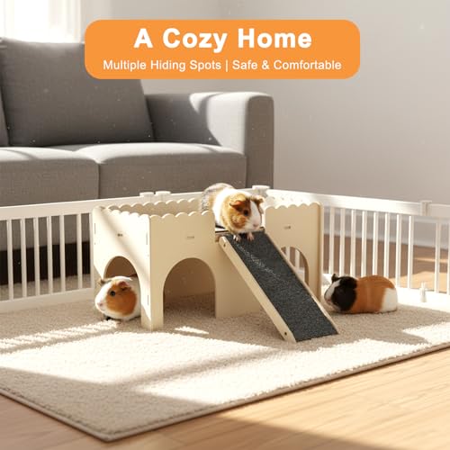 Wooden Guinea Pig Castle, Upgraded Guinea Pig Hideout, Small Pet House with Ramp & 4 Openings, Easy to Assemble for Guinea Pigs, Hamsters, Gerbils & Chinchillas