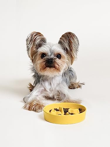 Ceramic Slow Feeder Dog Bowls Small Breed, 0.5 Cups Dog Food Dish for Fast Eaters, Puzzle Bowl for Small Dogs and Cats, 5.5 Inch-Yellow - color: Yellow