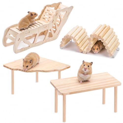 Hamster Platform, 4-Piece Set with Hamster Tunnel, Climbing Toys and Fence | Wooden Hamster Cage Accessories, Climbing Play, Hideout Tunnel, Bendable Fence, for Syrian Dwarf Hamsters, Gerbils and Mice