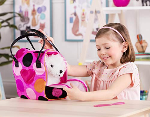 Pucci Pups Plush Puppy Carrier Set, Bichon Frise Polka Dot Bag, Pet | 3-piece stuffed animal set with plush Bichon Frise, pink polka dot carrier bag, comb, and mesh zip front, Pet, 2+ Years - style: Bichon Frisé & Hot Pink Bag
