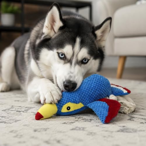 Dog Squeaky Toy Plush Toucan Dog Chew Toy with Knotted Rope Tassels, Teething Interactive Tug Toy for Puppies & All Dog Breeds - color: Blue Bird