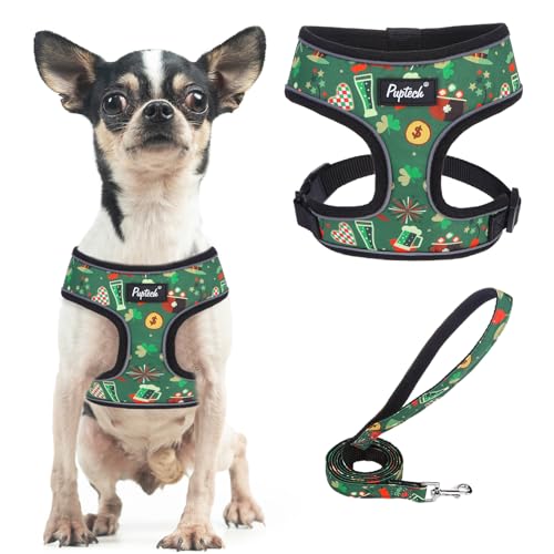 PUPTECK Soft Mesh Dog Harness and Leash Set Pet Puppy Cat Comfort Padded Vest No Pull Harnesses, St. Patrick's Deep Green, S - color: Deep Green, size: S (NECK: 12", CHEST: 14"-18")