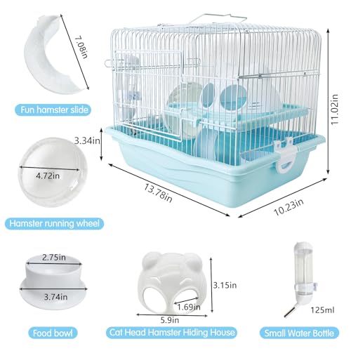 PINVNBY Dwarf Hamster Cage, Small Animal Cages, 2-Tier Travel Portable Mouse Cage Hamster Carrier with Castle House Running Exercise Wheels, Water Bottle and Food Dish（Blue） - color: Blue, size: L: 13.78x10.23x11.02in