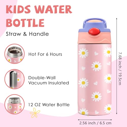 Daisy 12 oz Water Bottle with Straw – Kids Stainless Steel Vacuum Insulated Cup, Leakproof Pop-Up Spout, Reusable Travel Mug for Boys and Girls Outdoor Sports - color: Daisy1