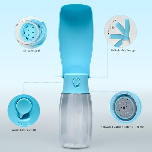 Portable Dog Water Bottle 19oz Blue | Foldable pet water dispenser, food grade plastic, ease to use for outdoor walking, hiking, travel - color: Transparent Blue, size: 19OZ
