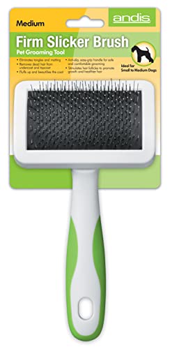 Andis 65705 Stainless-Steel Slicker Brush for Dogs and Cats - Durable and Lightweight Grooming Tool for All Breeds and Fur Lengths, Reduces Shedding and Promotes Hair Growth - Medium, Green - size: Medium, style: Firm Slicker Brush