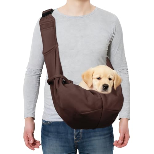 Dog and Cat Sling Carrier Up to 16.5 Lbs, Hand-Free Reversible Pet Sling Carrier with Adjustable Strap and Pocket, (Brown, 1 Pcs) Intended for Hiking/Camping/Traveling - color: Brown