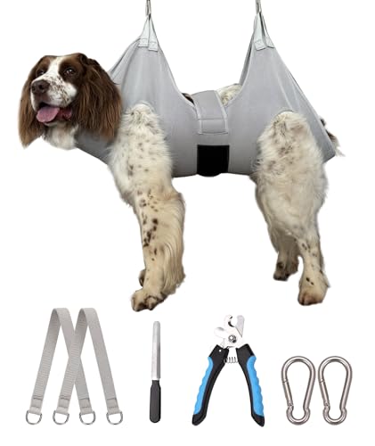 Kkiimatt Dog Grooming Hammock Hanging Harness for Nail Trimming,X-Large Dog Grooming Sling with Thick Neck Support,Gray Dog Hanger Holder Restraint for Pet Grooming - size: XL (80 LB Max) Silver Grey 13-22.5in