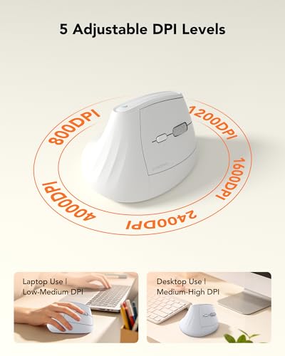 KYSONA Ergonomic Mouse Wireless, Bluetooth Vertical Mouse, 5-Level Adjustable DPI, 2.4G Silent Switch Mice for Windows, MacOS, IPadOS, Laptop, PC, White - color: White