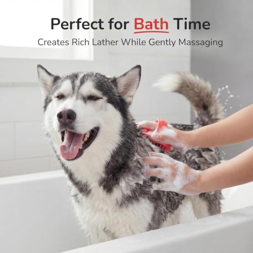 Pets&Goods Rubber Pet Grooming Brush for Dogs & Cats – Bath & Deshedding Brush with Custom-Fit Hand Straps – Soft Silicone Bristles for Short & Medium Hair – Anti-Slip, Easy to Clean - color: Red