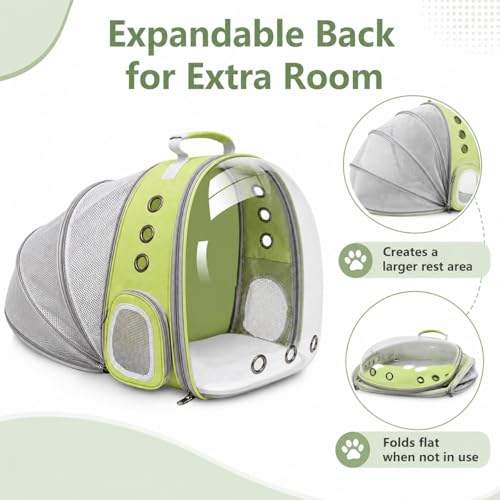 Expandable Cat Carrier Backpack with Bubble Window and Mesh, Light Green | Anti-collapse frame, breathable mesh, escape-resistant zipper clips and safety leash for vet visits and outdoor travel. - color: LightGreen