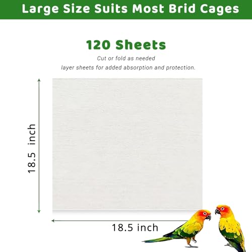 ZIQON 120 Pcs Bird Cage Liner Papers Big Size Cage Paper Liners Disposable Cage Paper Liners Precut Absorbent Cushion Pad Mat Accessories for Pet Bird Parrot (White, 18.5 * 18.5 inch) - size: 18.5*18.5 inch