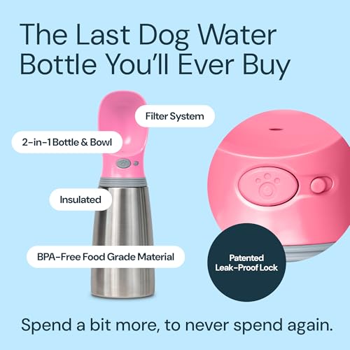 MalsiPree Insulated Dog Water Bottle - 24 oz Pink, Stainless Steel | 24oz insulated steel bottle & bowl - leak-proof - Use for dog travel, hiking, park & beach days - color: Pink, size: 24oz - Insulated