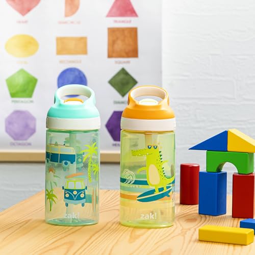 Zak Designs Atlantic Kids Water Bottle For School or Travel, 16oz Durable Plastic Water Bottle With Straw, Handle, and Leak-Proof, Pop-Up Spout Cover, 2-Pack (Surf Boards and Palm Trees) - color: Surf Boards and Palm Trees