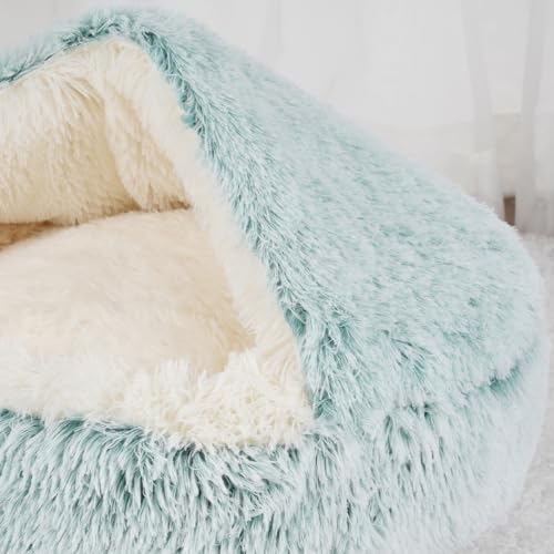Cat Bed Round Fluffy Hooded Cat Bed Cave, Anti-Anxiety Cave Bed with Hooded Blanket, Cozy Cuddler Luxury Puppy Pet Bed, Anti-Slip Bottom and Machine Washable (Green, Large) - color: Green, size: Large