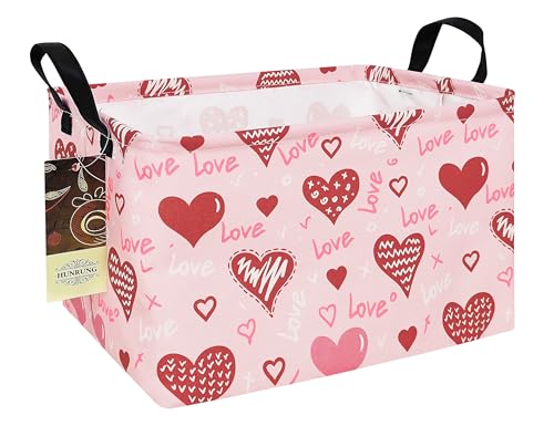 Rectangle Canvas Foldable Storage Basket for Nursery, Pink Love Heart - color: REC-Pink Love Heart