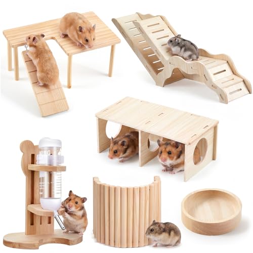 6 Pcs Hamster Cage Accessories Hamster Toys Set, Maze Climbing Ladder Wooden Bridge Tunnel Toy Platform Water Bottle Feeding Bowl Set for Rat Mice Small Animals Habitat