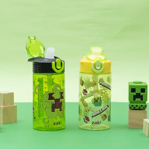 Zak Designs Minecraft Sage 16oz Leak-Proof Straw Kids Water Bottle, 2-Pack | BPA Free Durable Plastic, Cupholder Friendly, Dishwasher Safe, Easy to Clean, Lid Lock, Handle, For School, Home, Travel - color: Minecraft (Creeper)