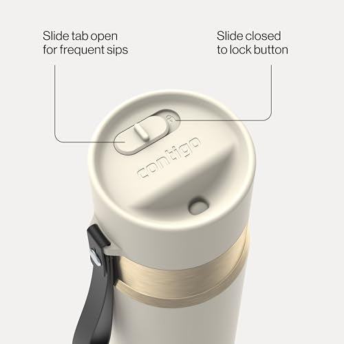 Contigo AutoSeal 16 oz Stainless Steel Vacuum-Insulated Water Bottle with Leakproof Push-Button Spout & Lock, Carry Strap, BPA-Free & Lead-Free, Dishwasher Safe - color: Oatmilk Champagne, size: 16 Ounces
