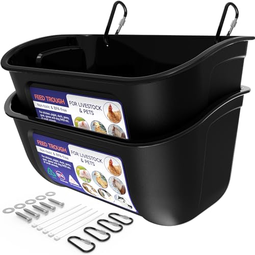 Goovilla Chicken Feeder Waterer, Hanging or Screw-in, 2 Pack 5 Quart, Black | With Clips and Screws, Goat Feeding Supplies, Duck Piglet Sheeple Coop Dog Livestock Poultry Plastic Feeder Trough Bucket - color: Black, size: 5 Quart